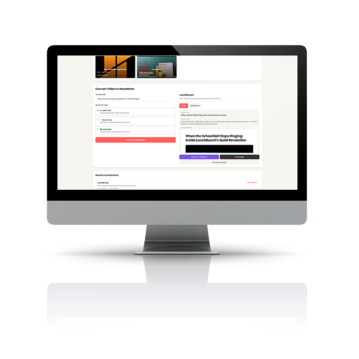 Riffit product interface on iMac showing newsletter conversion